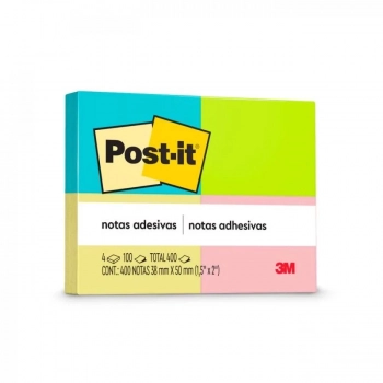 Bloco Adesivo Post-it 3m 38x50mm Cores Neon com 4un Azul/Verde/Amarelo e Rosa